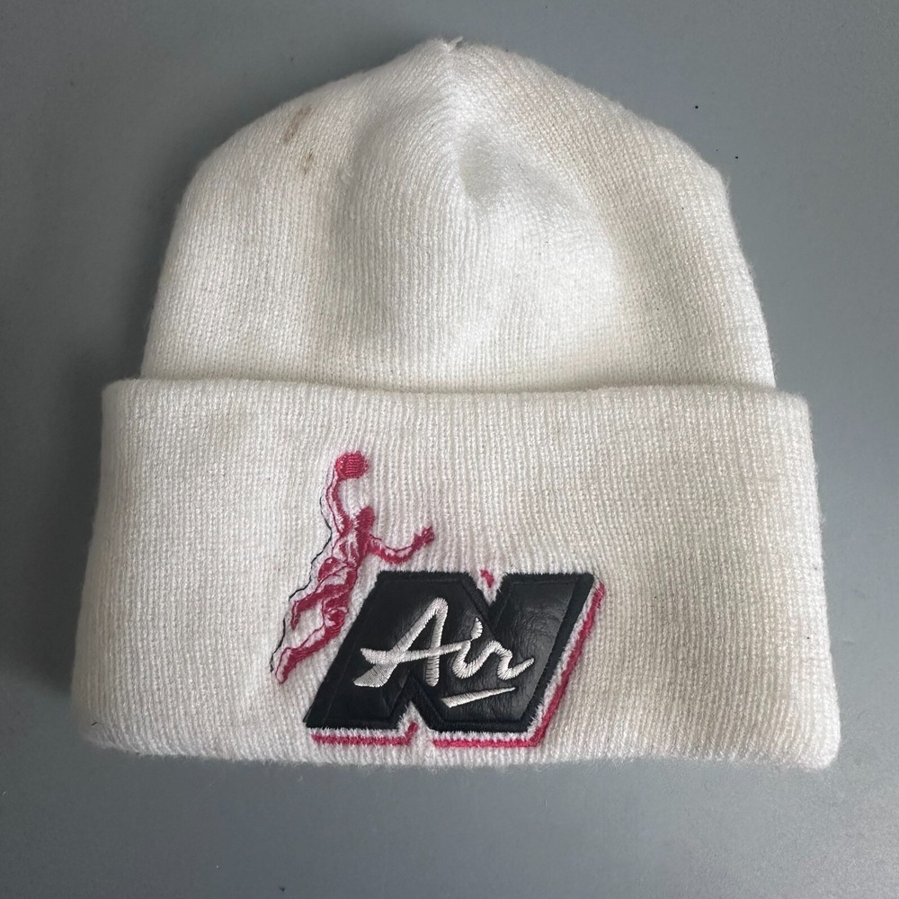 Vintage White Knit Beanie Pink Basketball Player Air Patch Cuffed Winter Hat